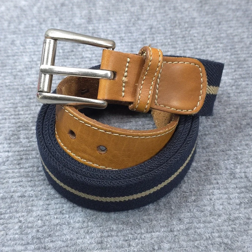 L L Bean Canvas Web Belt Mens Size 42 Navy Tan Leather Trim Casual Workwear